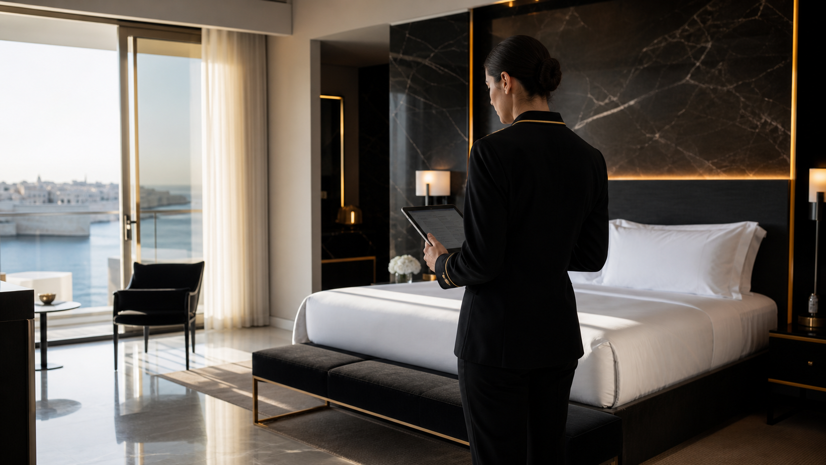 Supervisor with tablet inside a contemporary luxury hotel suite