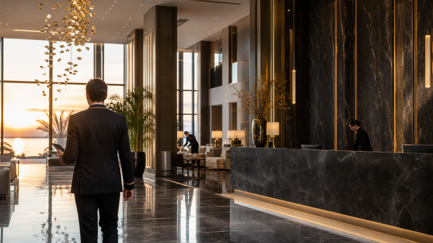 Modern luxury hotel lobby under operational supervision