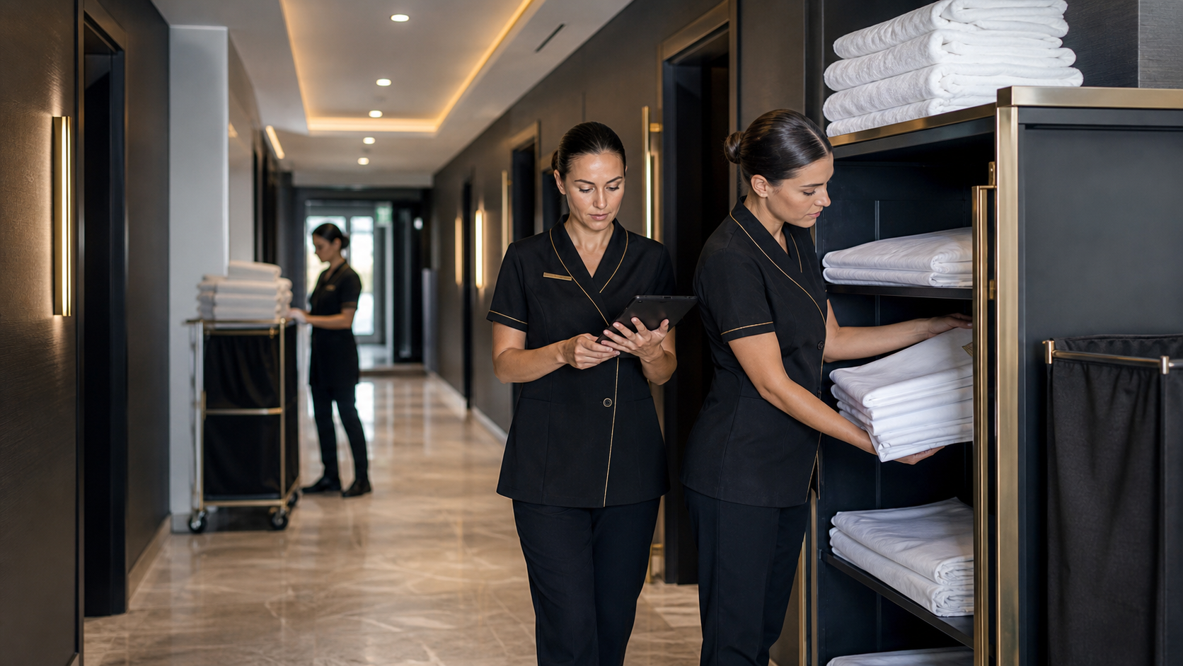 Housekeeping team and supervisor coordinating linen operations