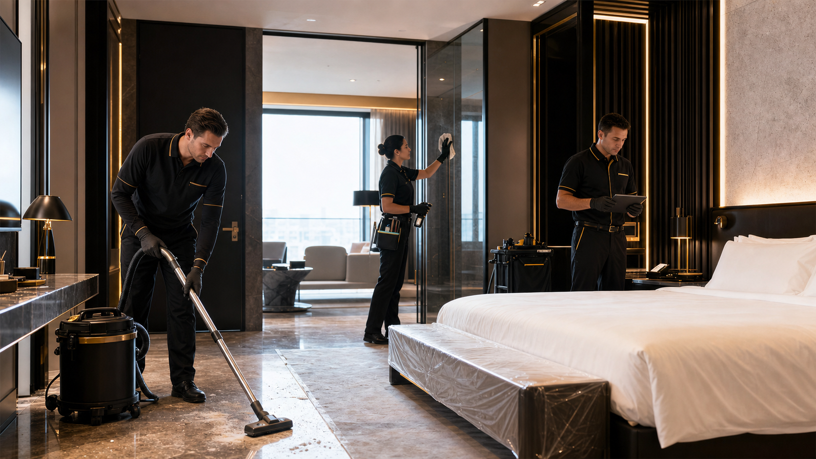 Professional workers cleaning a luxury hotel room at the end of construction