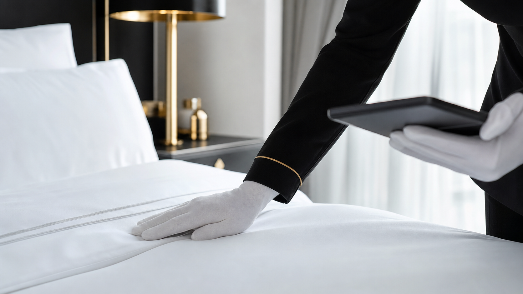 Housekeeping quality control in a modern luxury hotel room